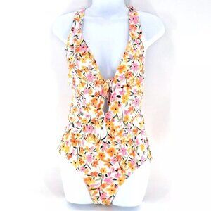Jessica Simpson One-Piece Swimsuit M Orange Floral Keyhole Tie Summer Dreaming